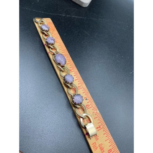 chunky chain double link bracelet gold tone with purple moonglow glass stones - Picture 5 of 5